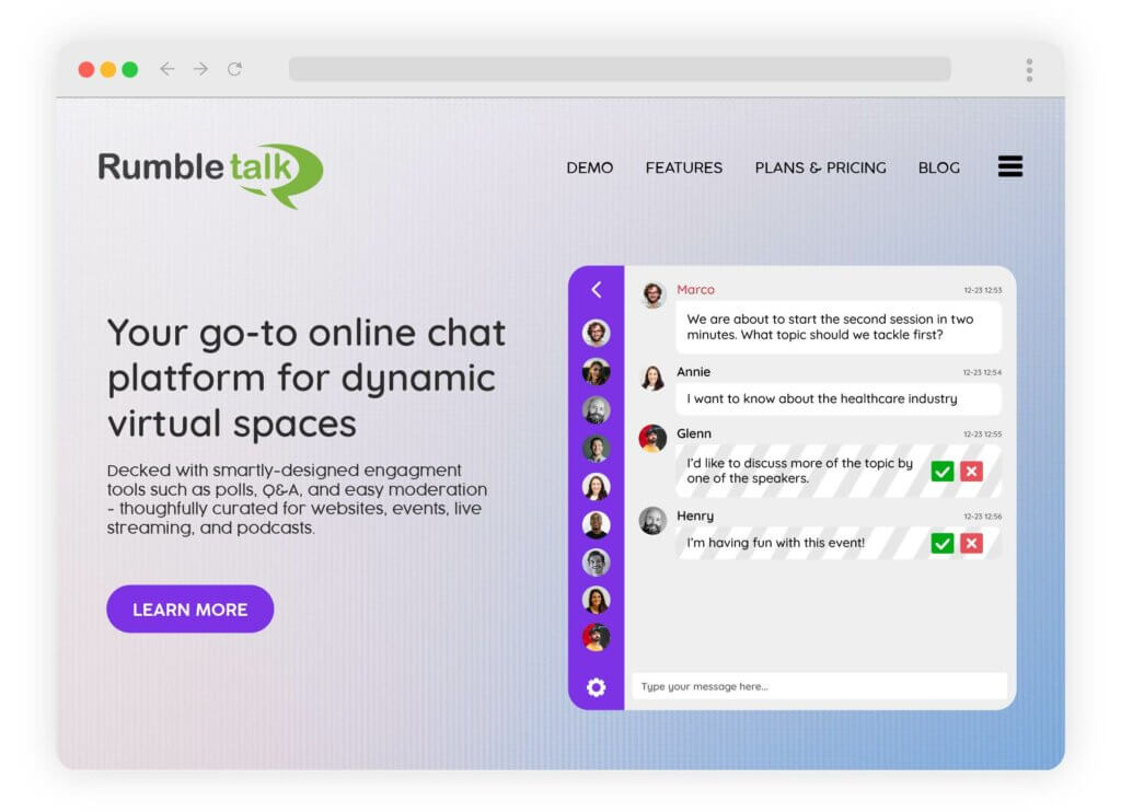 Online group chat Rumbletalk, chat for live events and websites