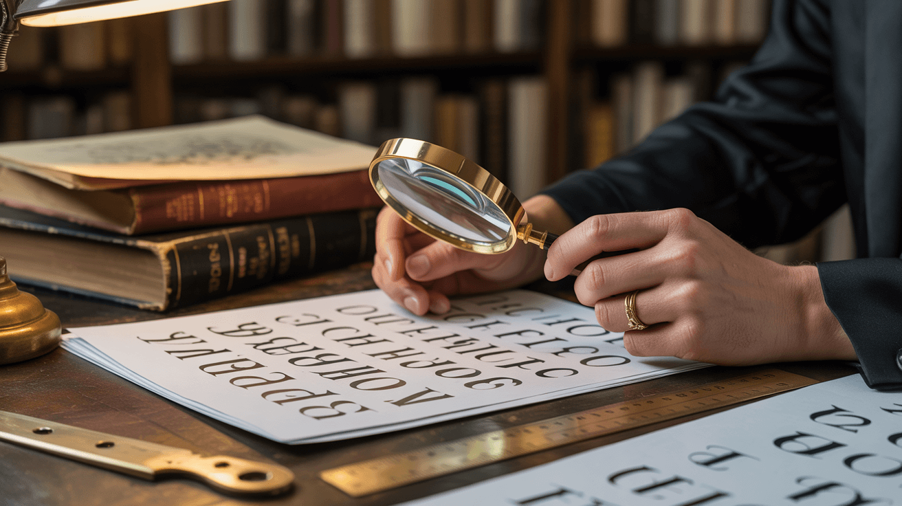 Designer manually analyzing font characteristics, using traditional typography tools.