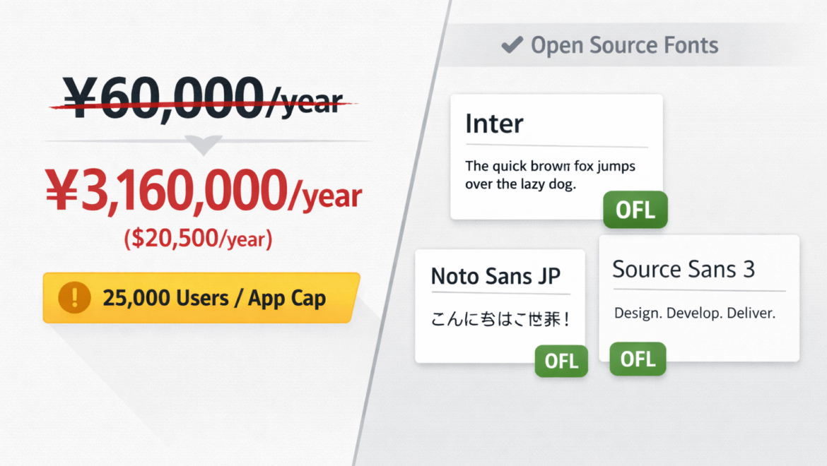 Split graphic showing the font licensing price increase from 60,000 yen per year to over 3 million yen per year, alongside open-source font alternatives