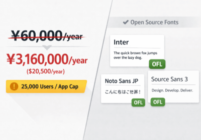 Split graphic showing the font licensing price increase from 60,000 yen per year to over 3 million yen per year, alongside open-source font alternatives
