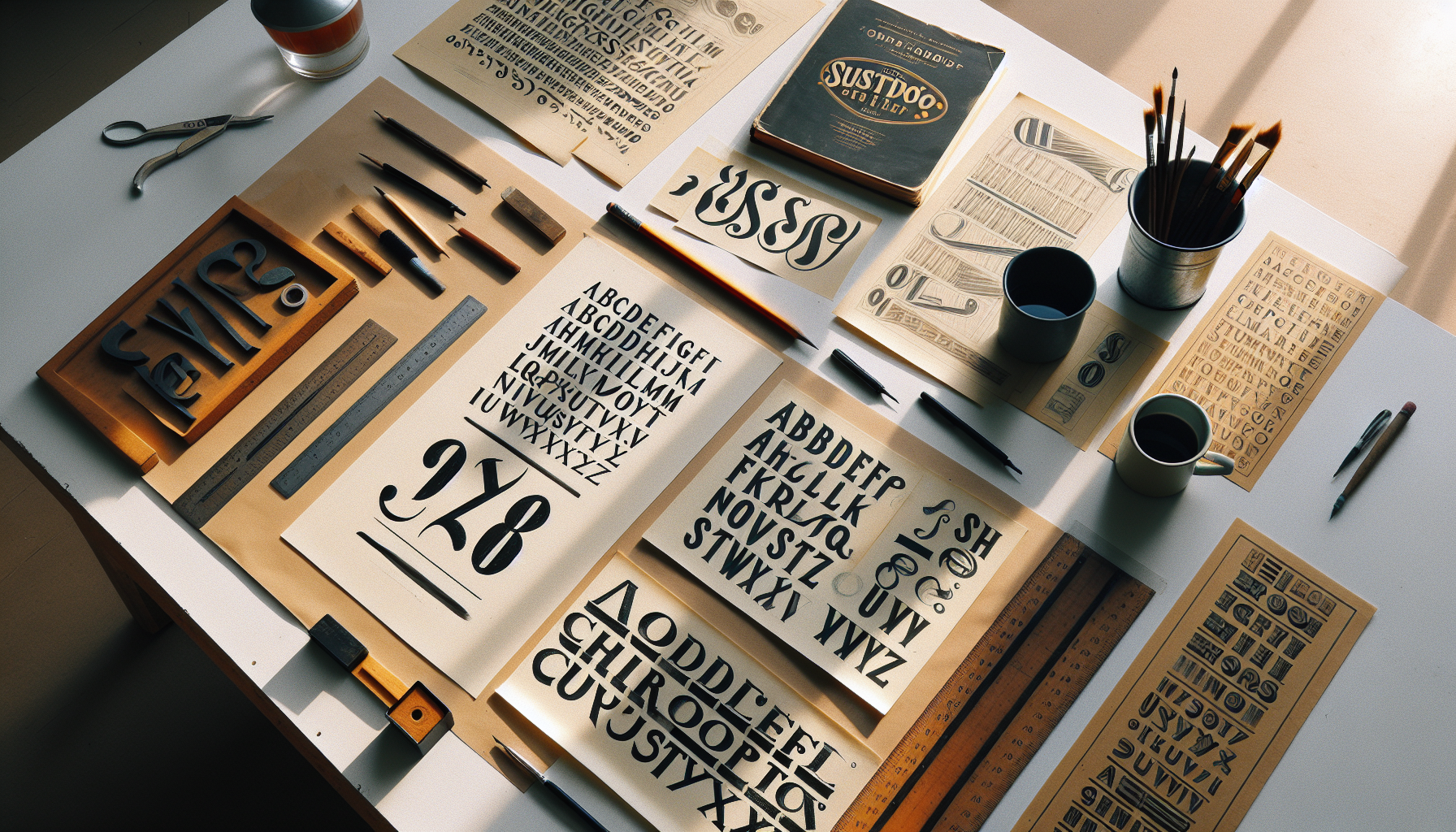 A studio desk with hand-lettered typography sketches, brush drawings, and expressive display typefaces laid out as reference material