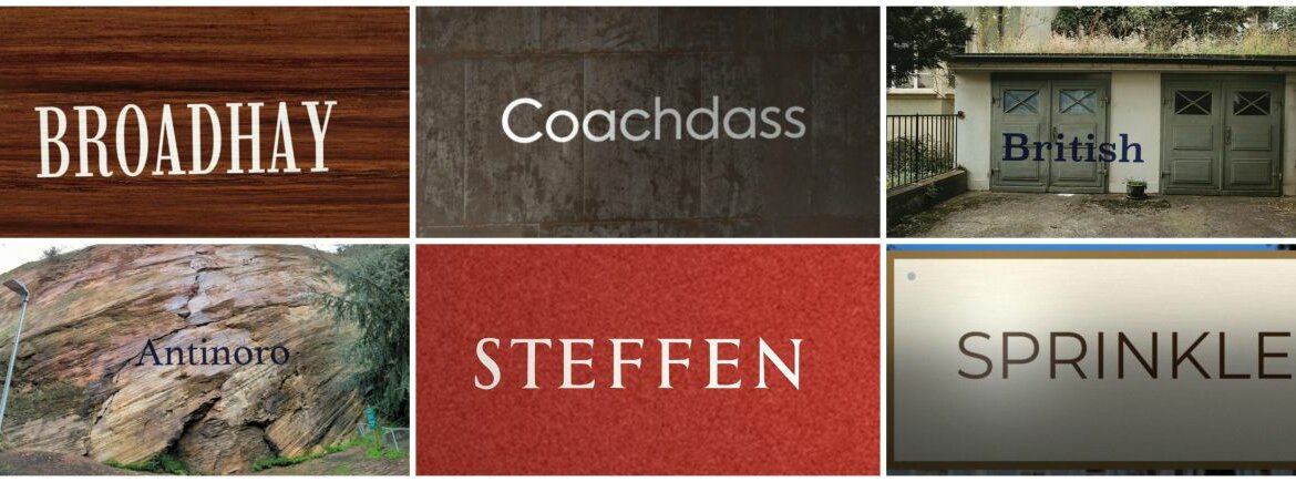 Six sample test images of WhatFontIs-Bench: words in different fonts on wood, metal, a garage wall, rock, red fabric and a printed sign