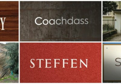 Six sample test images of WhatFontIs-Bench: words in different fonts on wood, metal, a garage wall, rock, red fabric and a printed sign
